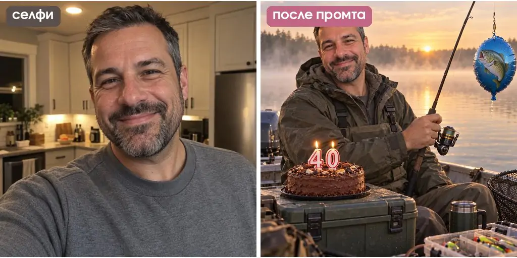 Промт для фото на день рождения мужчине: рыбак в лодке, торт со свечами 40, шарик на крючке