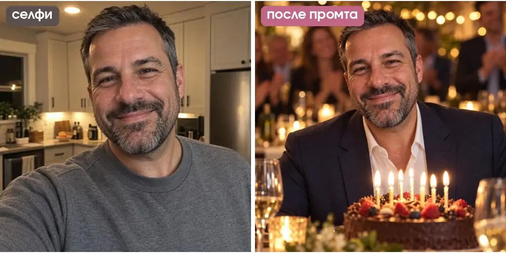 Промт для фото на юбилей мужчине: ресторан, костюм, торт, коллеги хлопают