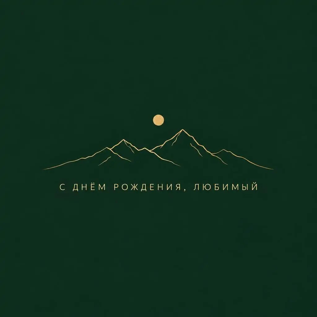 Промт для открытки с днем рождения мужчине: тёмно-зелёный минимализм с золотыми горами