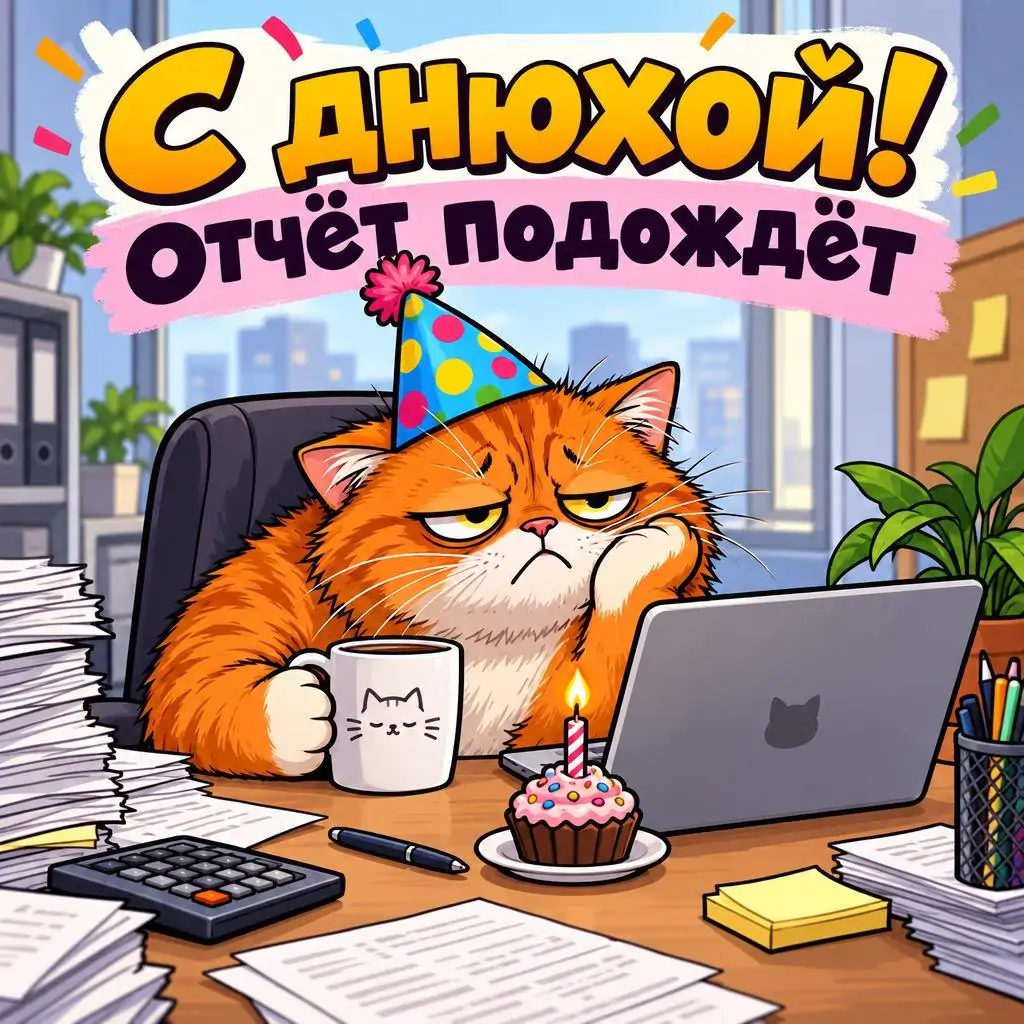 Смешная открытка на день рождения коллеге: кот в колпаке за ноутбуком, С днюхой! Отчёт подождёт