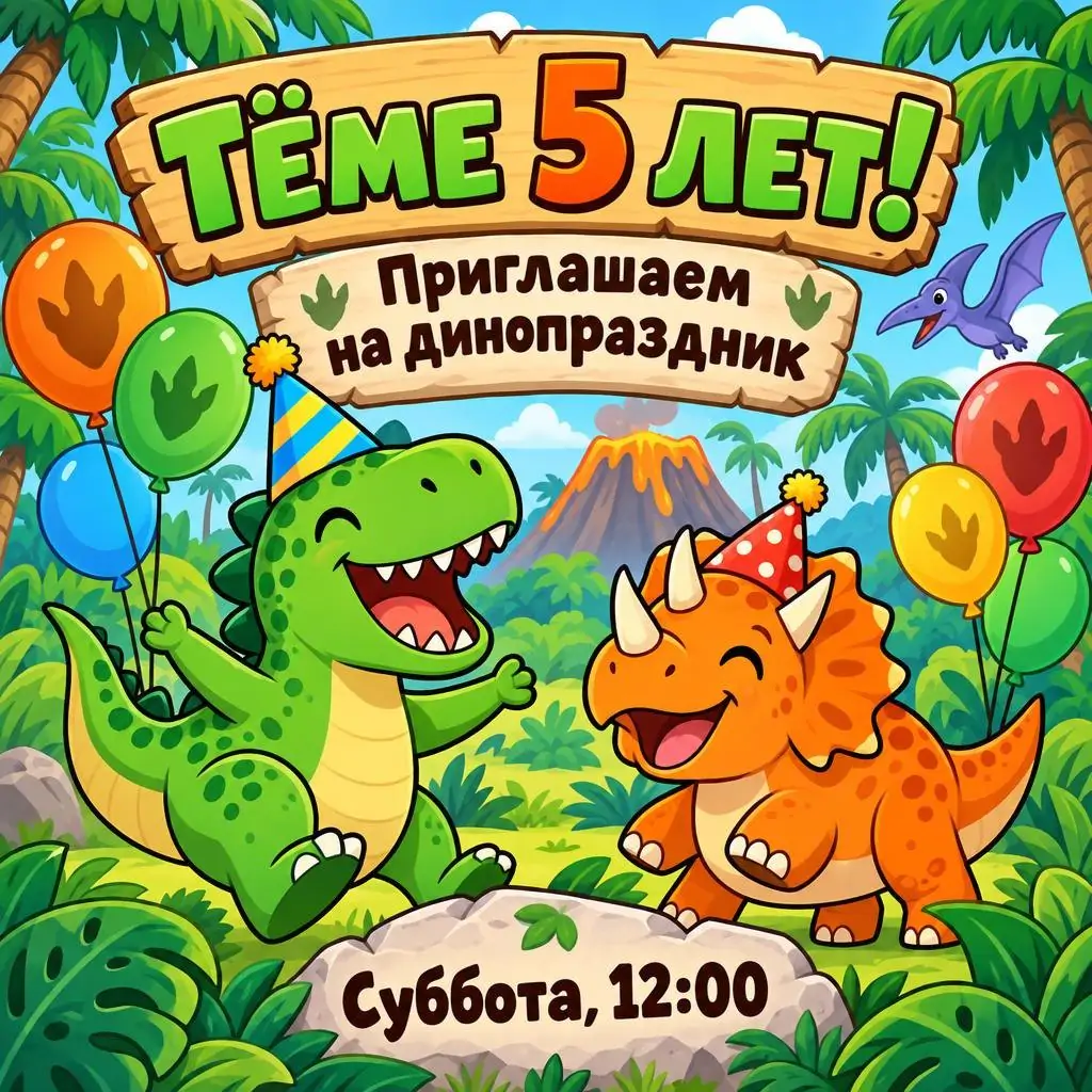 Промт для приглашения на детский день рождения: динозавры, Тёме 5 лет