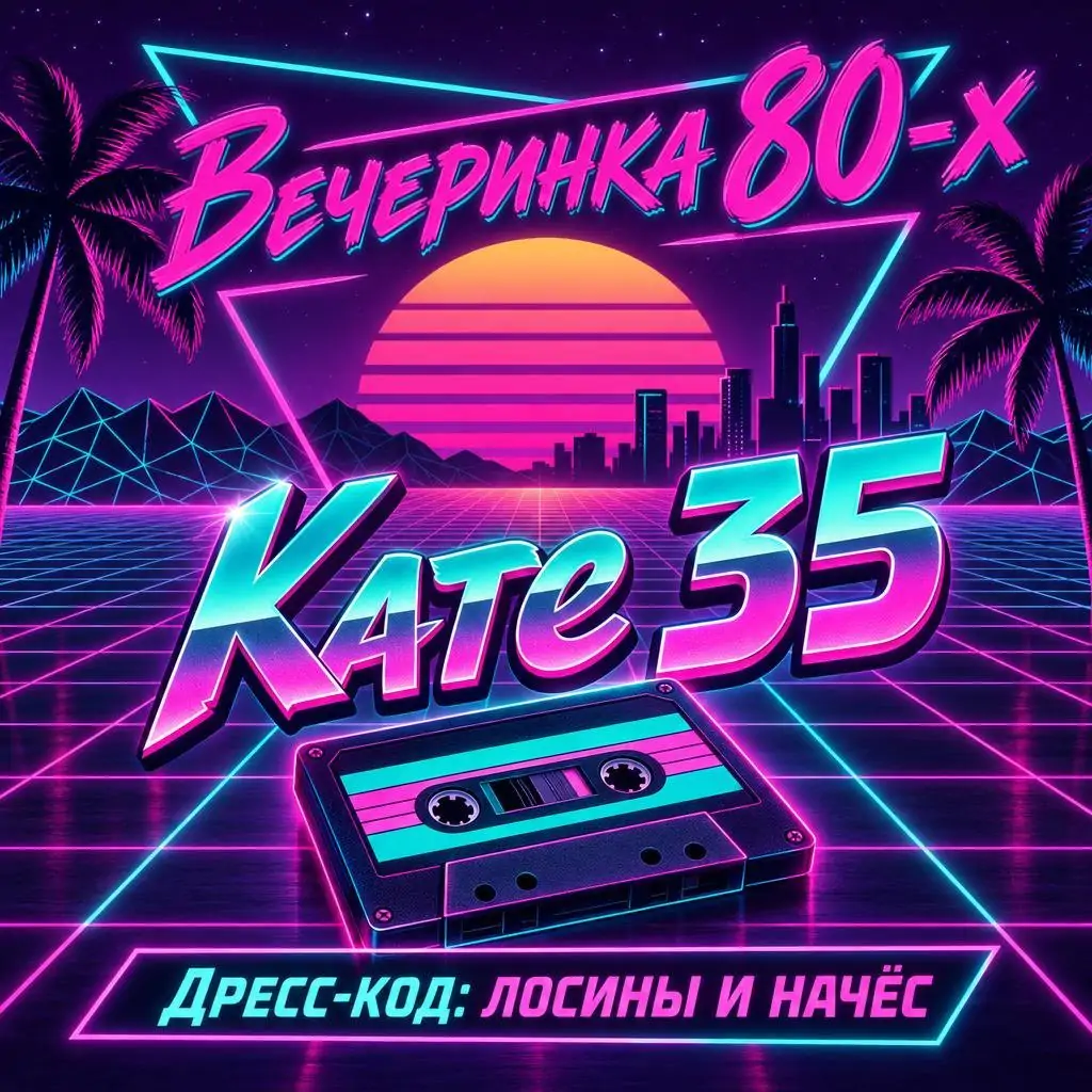 Промт для приглашения на день рождения в стиле 80-х: неон, кассета, Кате 35