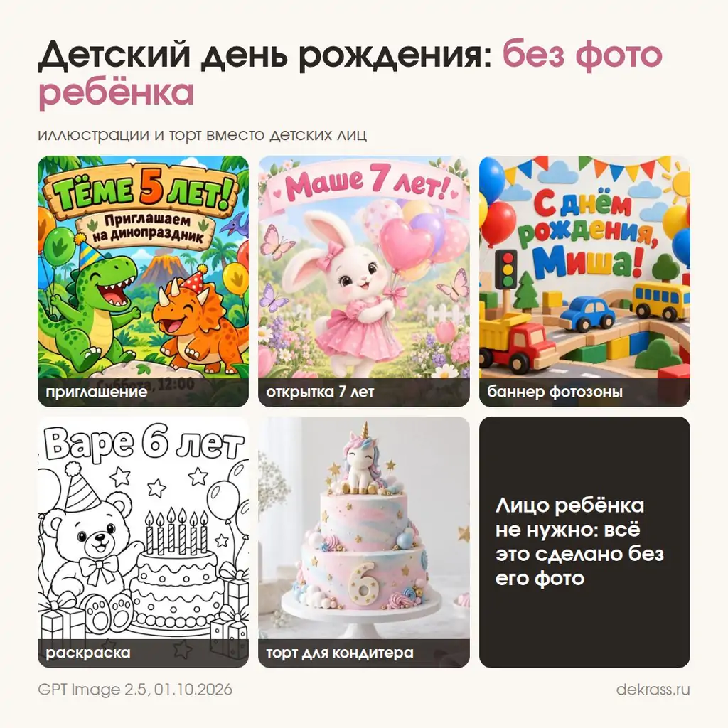 Промт для детского дня рождения без фото ребёнка: приглашение, открытка, баннер, раскраска, торт