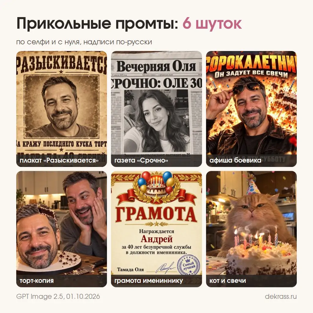 Прикольные промты для дня рождения: плакат Разыскивается, газета, афиша боевика, торт-копия, грамота, кот и свечи