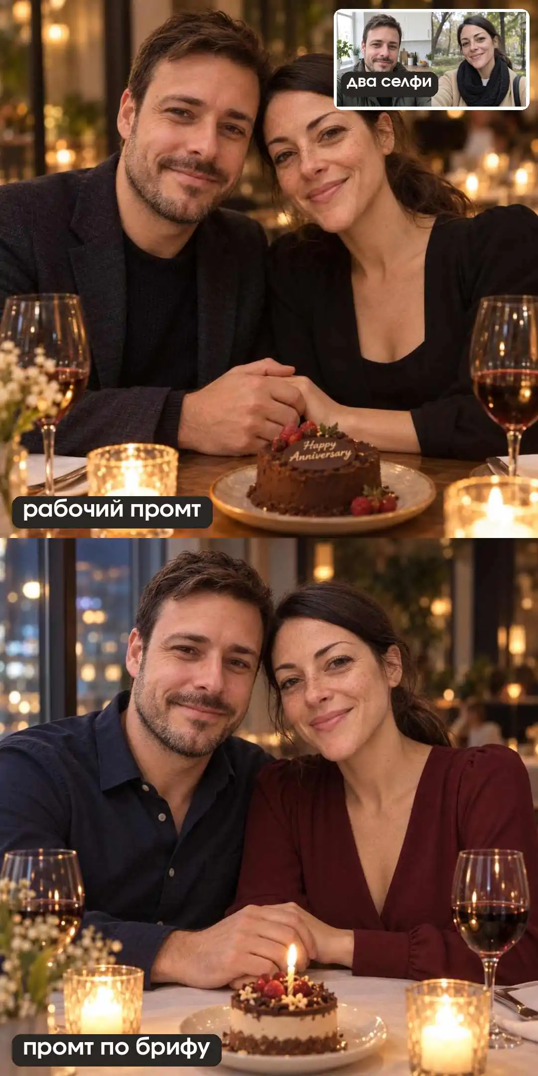 Годовщина по двум селфи: ужин со свечами и тортом с надписью, во втором кадре столик у окна без надписей
