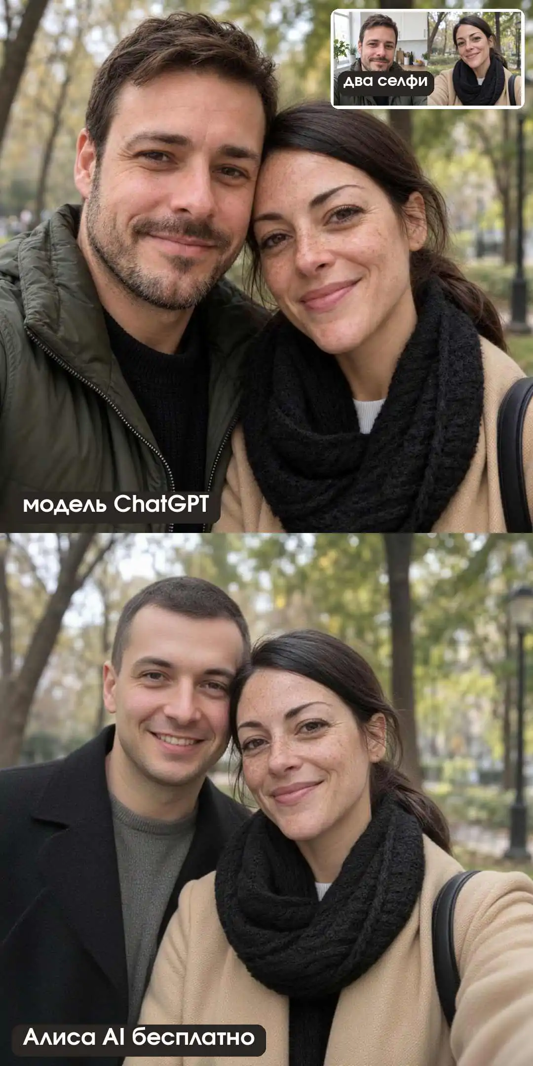 Контроль без сцены по двум селфи: модель ChatGPT свела пару в общее селфи, Алиса AI заменила мужчину