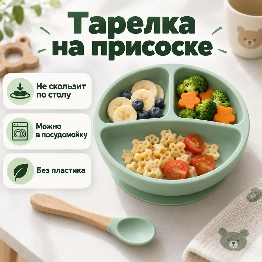 Промт для инфографики товара: детская тарелка на присоске и три плашки с преимуществами