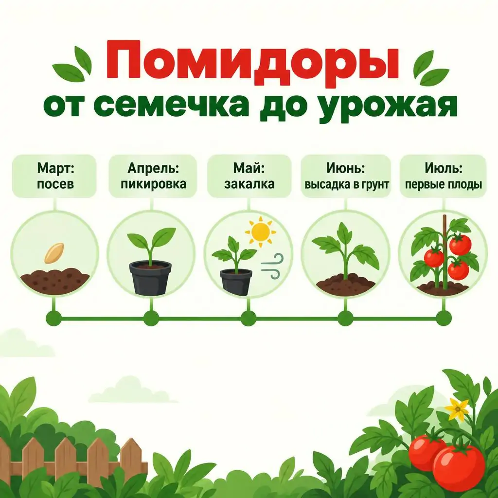 Инфографика таймлайн: помидоры от семечка до урожая по месяцам