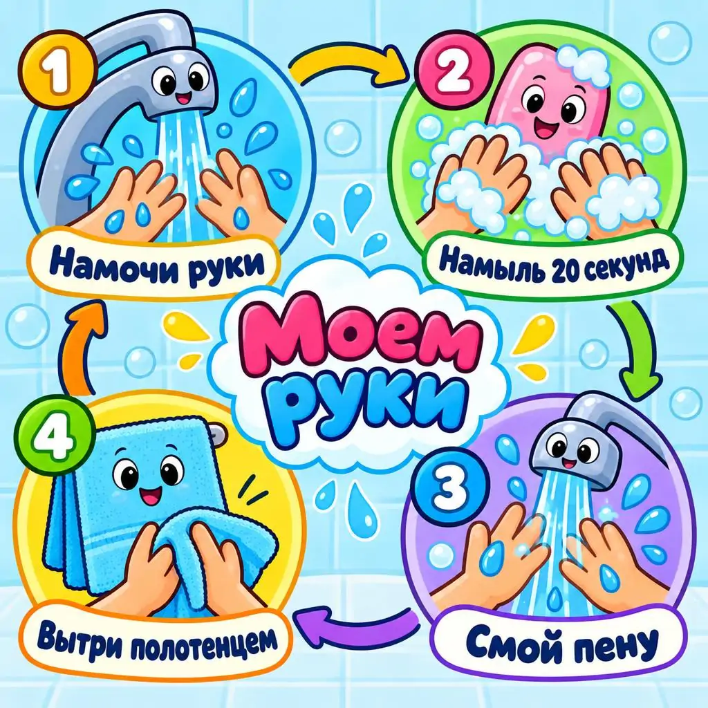 Детская инфографика в стиле мультфильма: моем руки, четыре шага по кругу