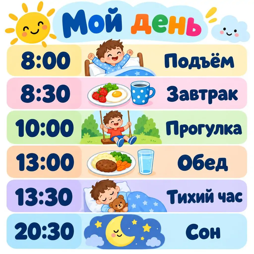 Детский макет режим дня для ребёнка 4 лет: время, картинки и подписи