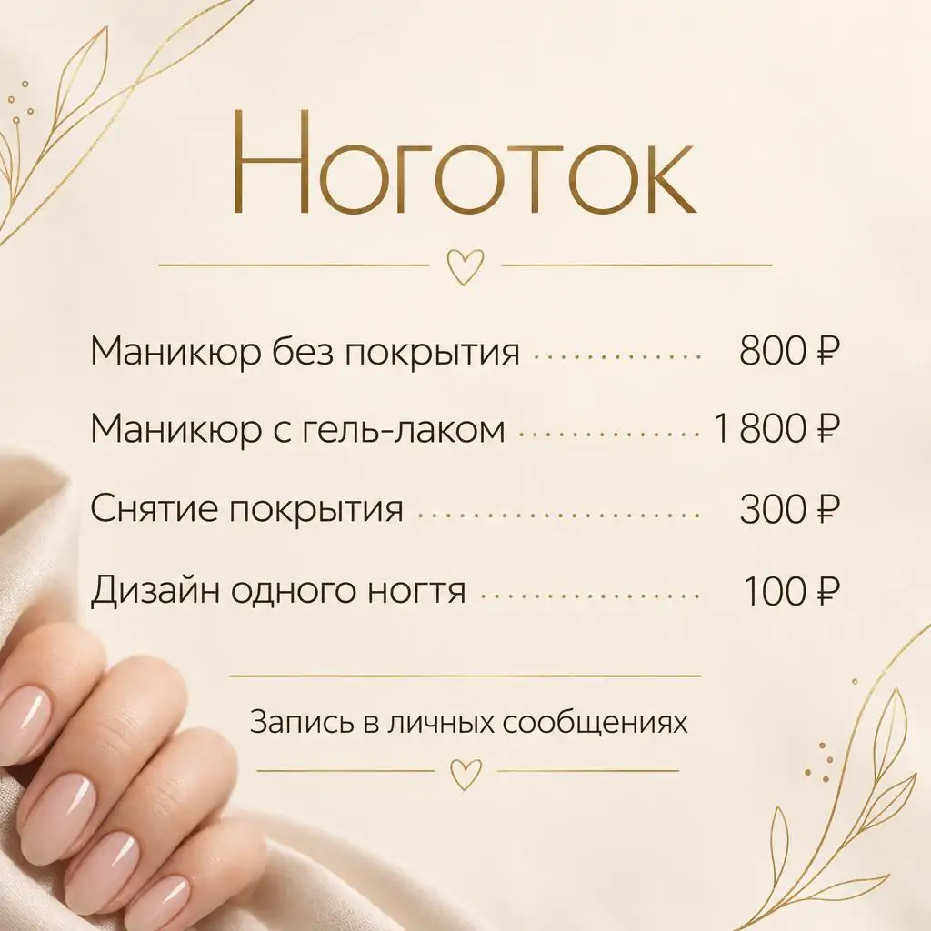 Прайс-лист мастера маникюра нейросетью: услуги, точки до цены, рубли по правому краю