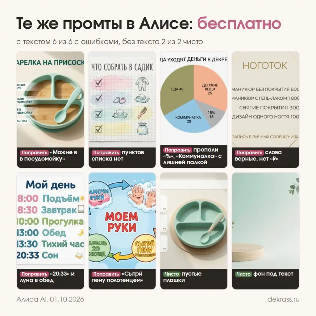 Инфографика в Алисе AI бесплатно: восемь картинок, с текстом все с ошибками, фон и плашки чисто