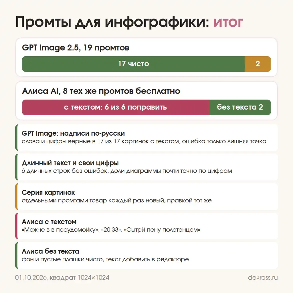 Итог проверки промптов для инфографики: GPT Image 17 чисто из 19, Алиса AI с текстом 6 из 6 с ошибками