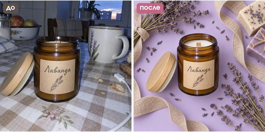 Промт для фото товара в стиле флэтлей: свеча стоит на сиреневом фоне, вид не сверху
