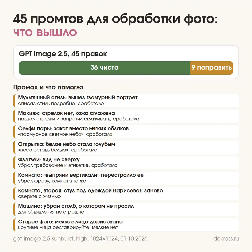 Итог проверки промтов для обработки фото: 45 промтов, 36 чисто, 9 поправить