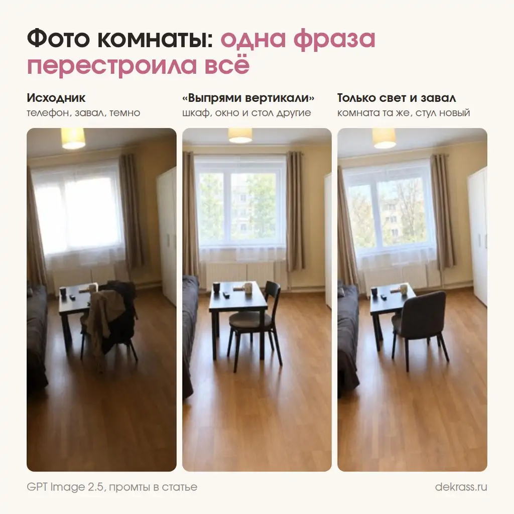 Промт для обработки фото квартиры: фраза выпрями вертикали перестроила комнату