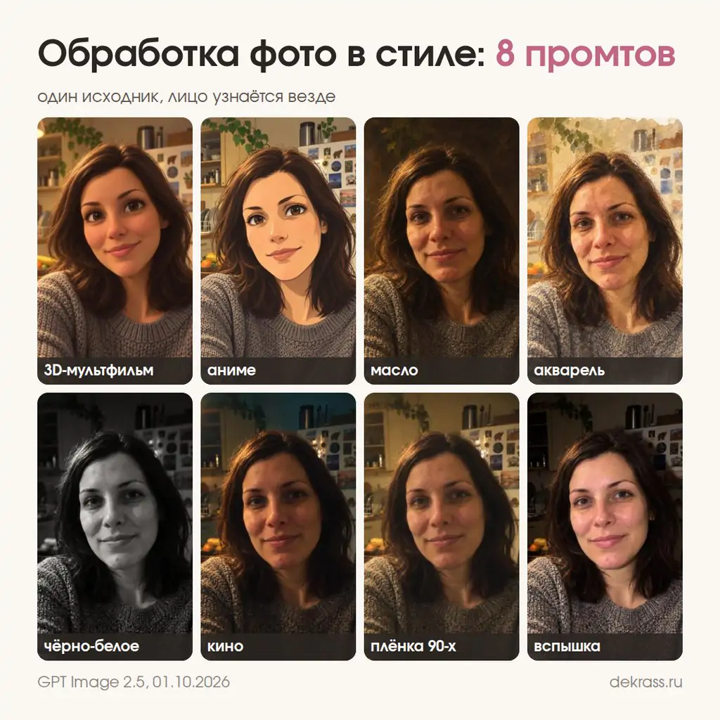 Промты для обработки фото в стиле: 3D-мультфильм, аниме, масло, акварель, чёрно-белое, кино, плёнка 90-х, вспышка