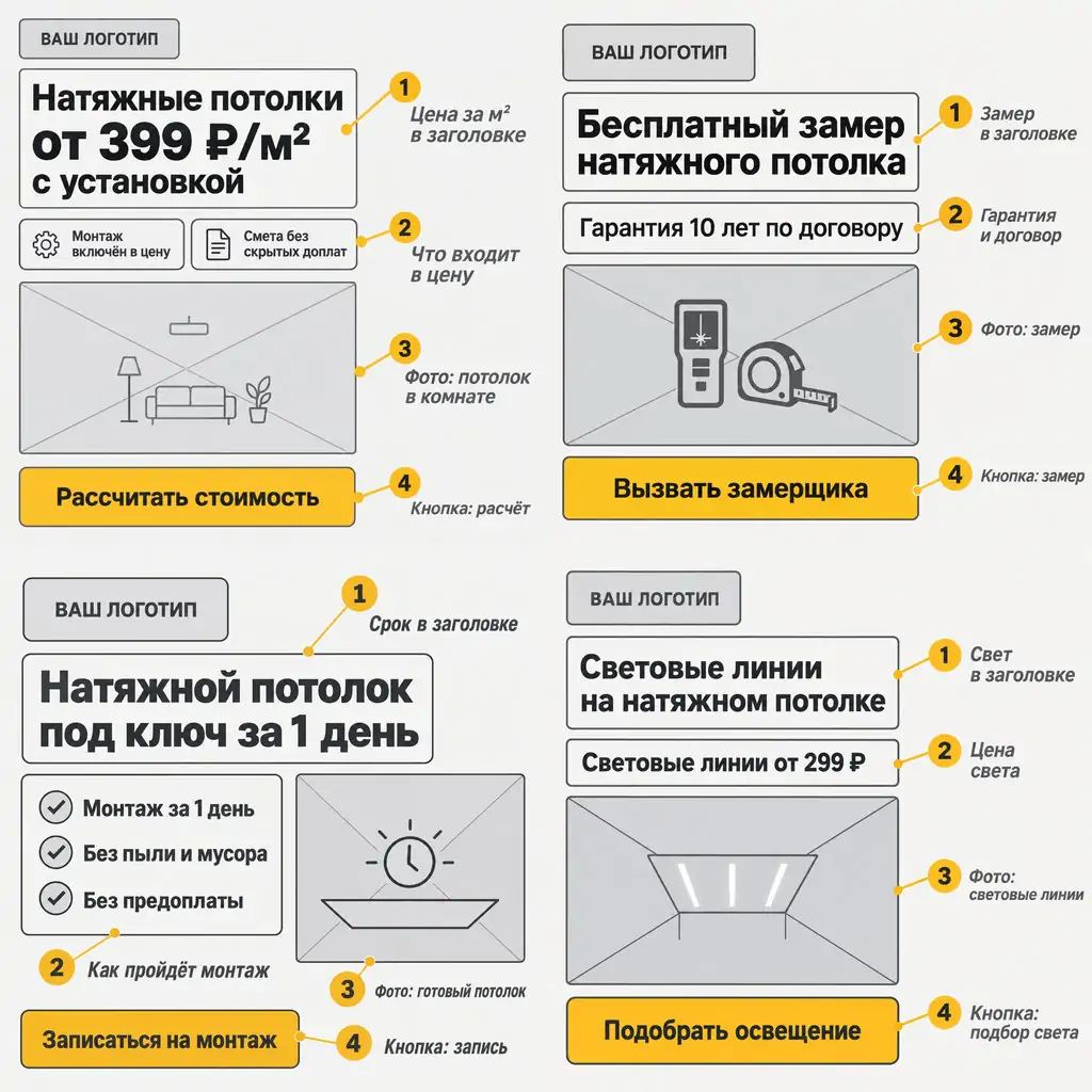 Четыре прототипа объявлений: цена за м2 с установкой, бесплатный замер и гарантия, монтаж за 1 день, световые линии