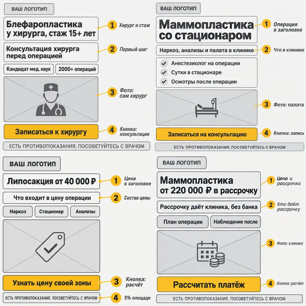 Четыре прототипа объявлений пластической хирургии: блефаропластика у хирурга со стажем, маммопластика со стационаром, липосакция от 40 000 ₽ с составом цены, маммопластика в рассрочку от клиники