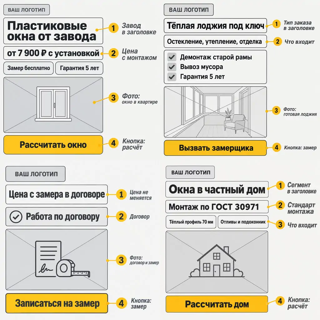 Четыре прототипа объявлений оконной компании: окна от завода от 7 900 ₽ с установкой, тёплая лоджия под ключ, цена с замера в договоре, окна в частный дом с монтажом по ГОСТ