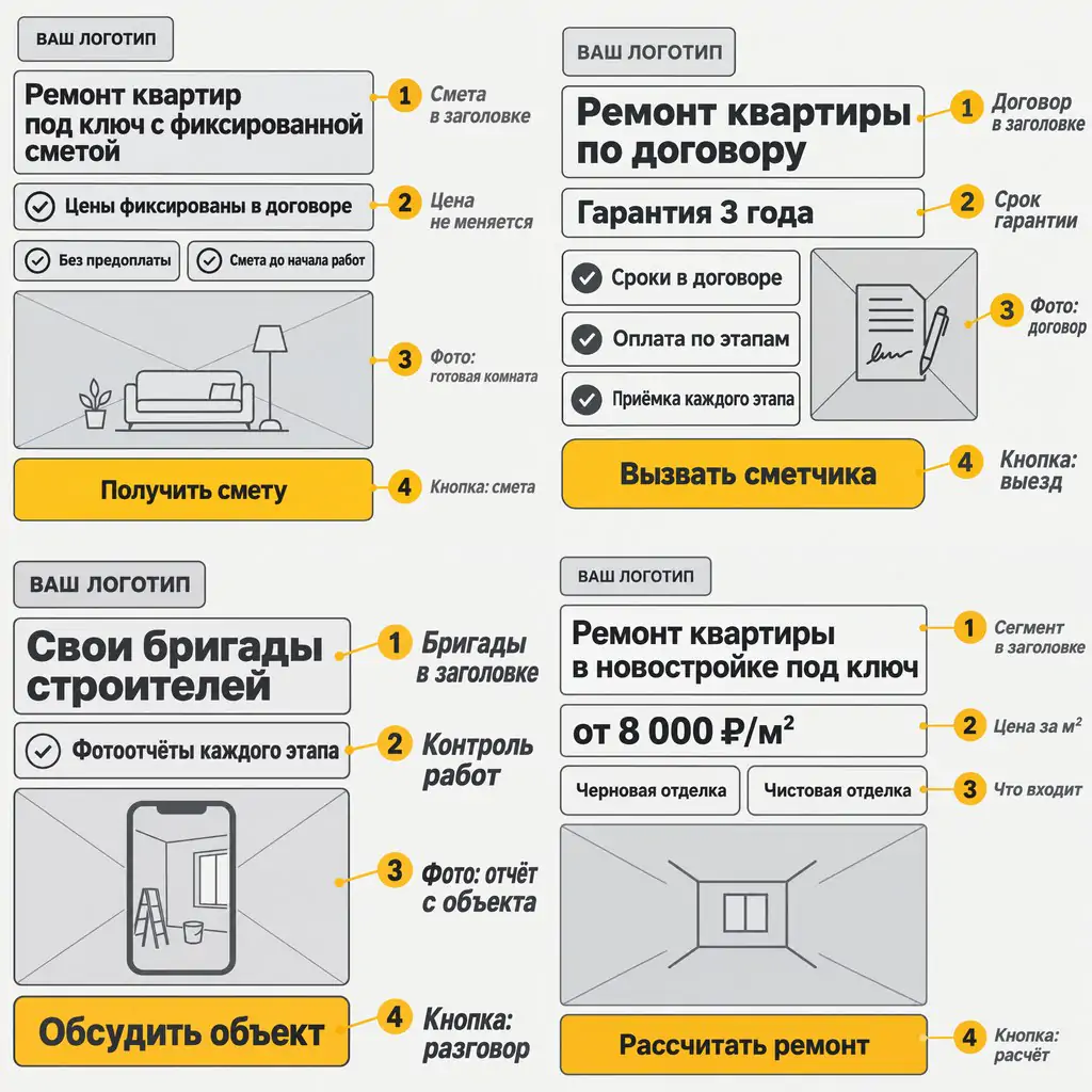 Четыре прототипа объявлений ремонтной компании: фиксированная смета, ремонт по договору с гарантией 3 года, свои бригады и фотоотчёты, ремонт в новостройке от 8 000 ₽ за м2