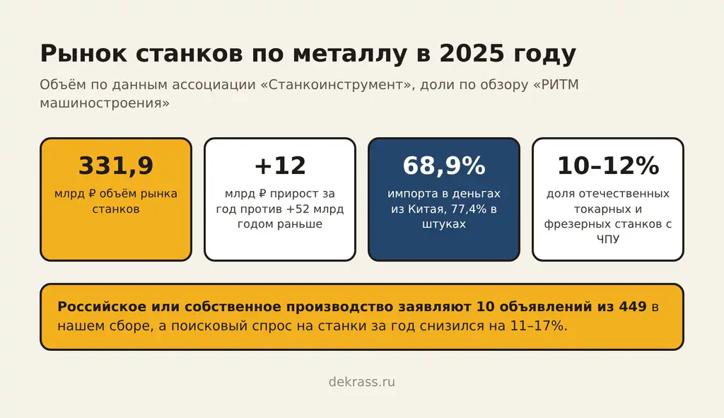 Рынок металлообрабатывающих станков в 2025 году: 331,9 млрд ₽, прирост 12 млрд ₽, Китай 68,9% импорта в деньгах и 77,4% в штуках, доля отечественных токарных и фрезерных станков с ЧПУ 10–12%