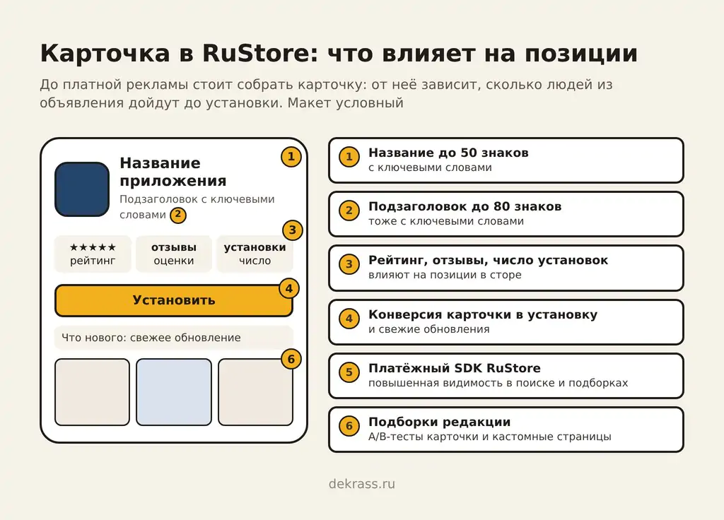 Бесплатное продвижение в RuStore: что в карточке приложения влияет на позиции, от названия до платёжного SDK