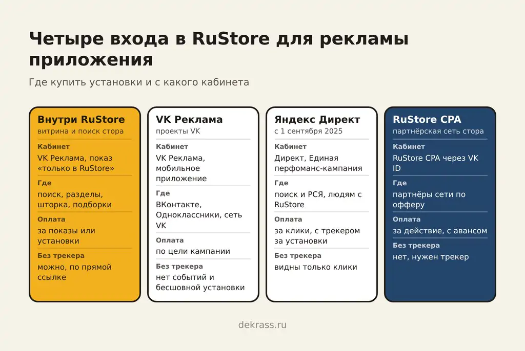 Четыре входа для рекламы приложения в RuStore: места внутри стора, проекты VK, Яндекс Директ и RuStore CPA