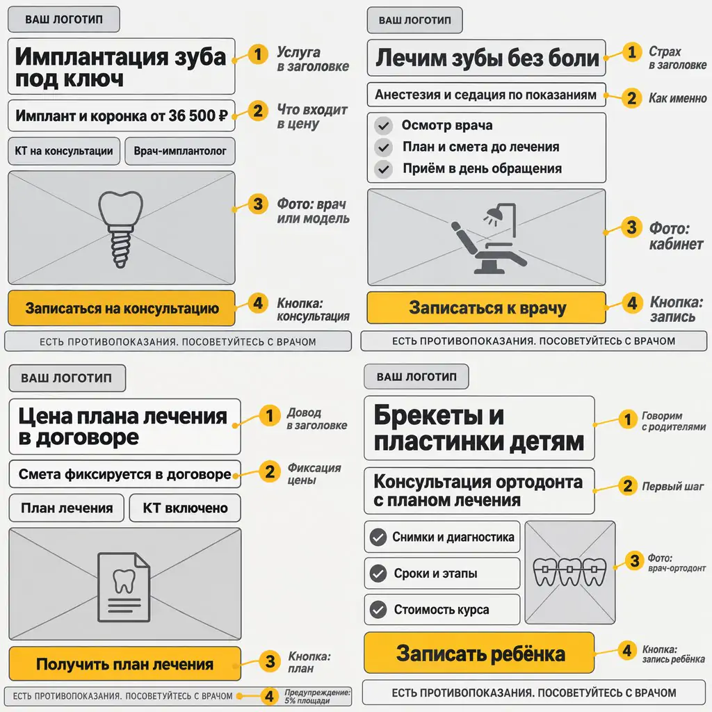 Четыре прототипа объявлений стоматологии: имплантация зуба под ключ от 36 500 ₽, лечение зубов без боли, цена плана лечения в договоре, брекеты и пластинки детям