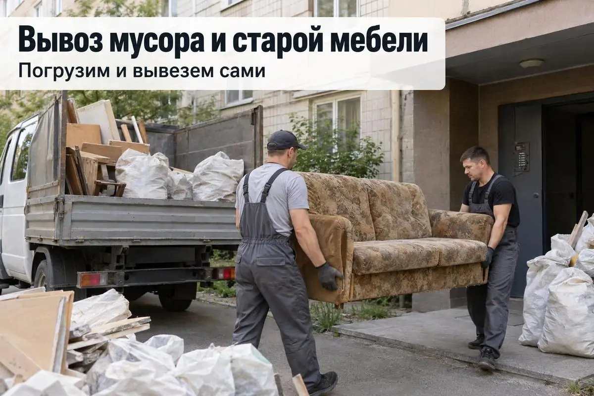 Креатив для Авито из заданий для заработка на телефоне: грузчики несут старый диван к газели, надпись про вывоз мусора