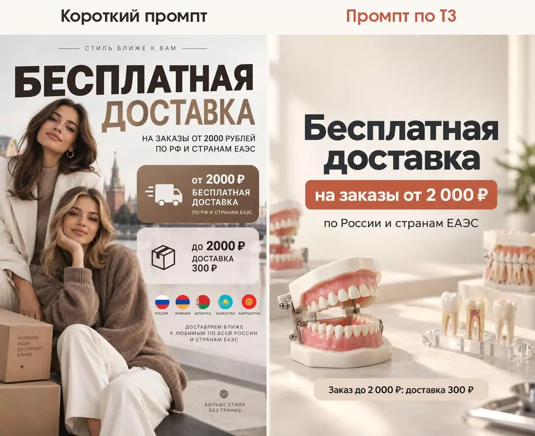 Пост о доставке по заданию Kwork для смартфона: слева по короткому промпту девушки и Кремль, справа по ТЗ модели челюстей